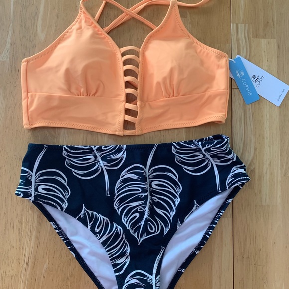 yellow and leaves print bikini cupshe